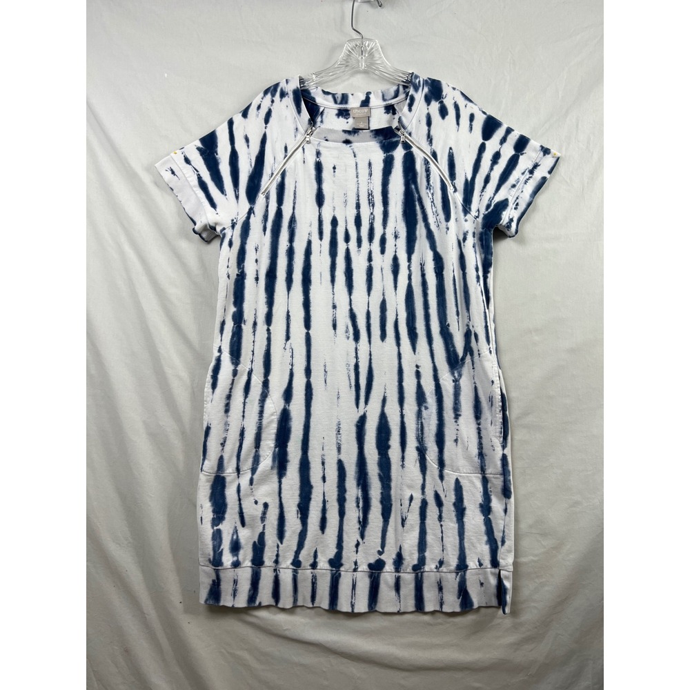 Chico's 2 Zenergy Dress Womens L White Blue Tie Dye Zip Shoulder Pocket Cotton